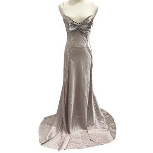Tara Subkoff for Bebe Platinum Satin Rhinestone Bow Maxi Gown Dress 0 Prom Hoco